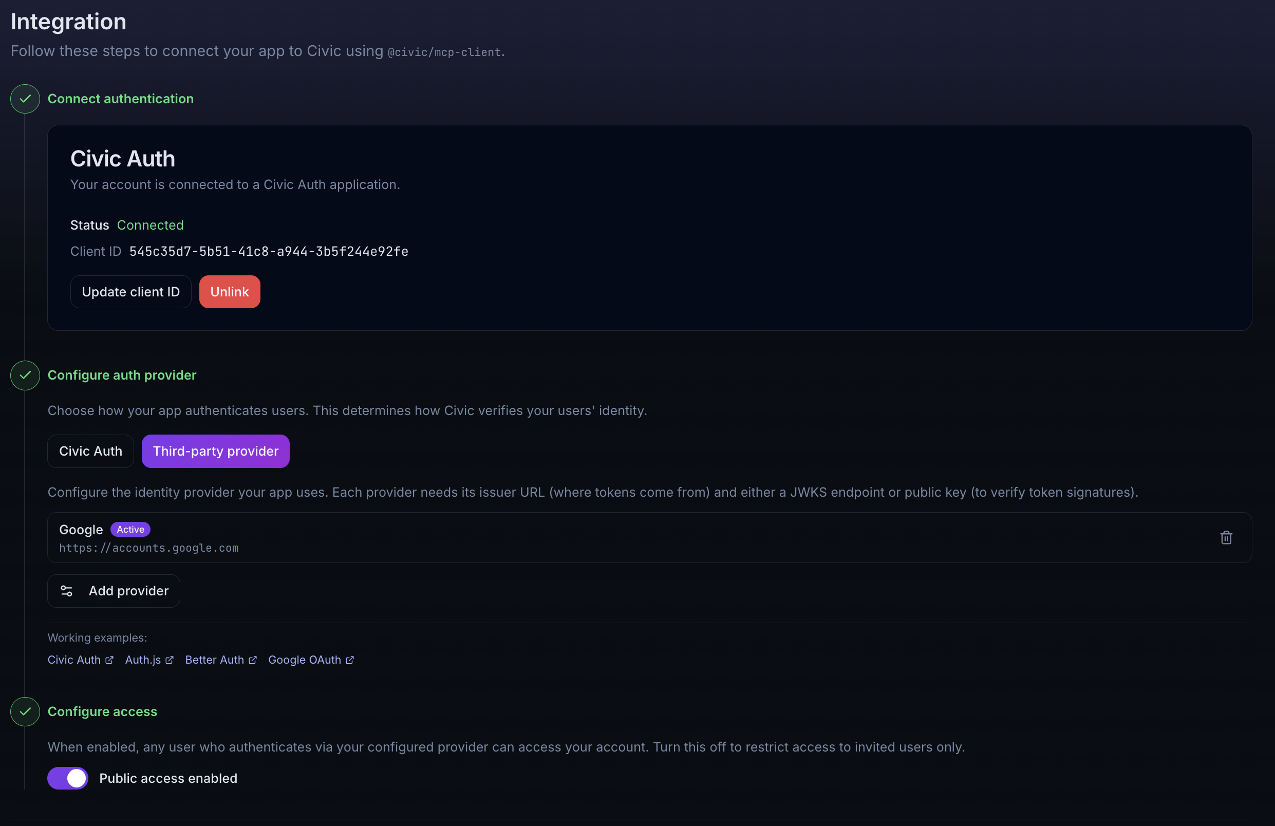 Civic Integration page showing the three-step guided setup: Connect authentication, Configure auth provider, and Configure access