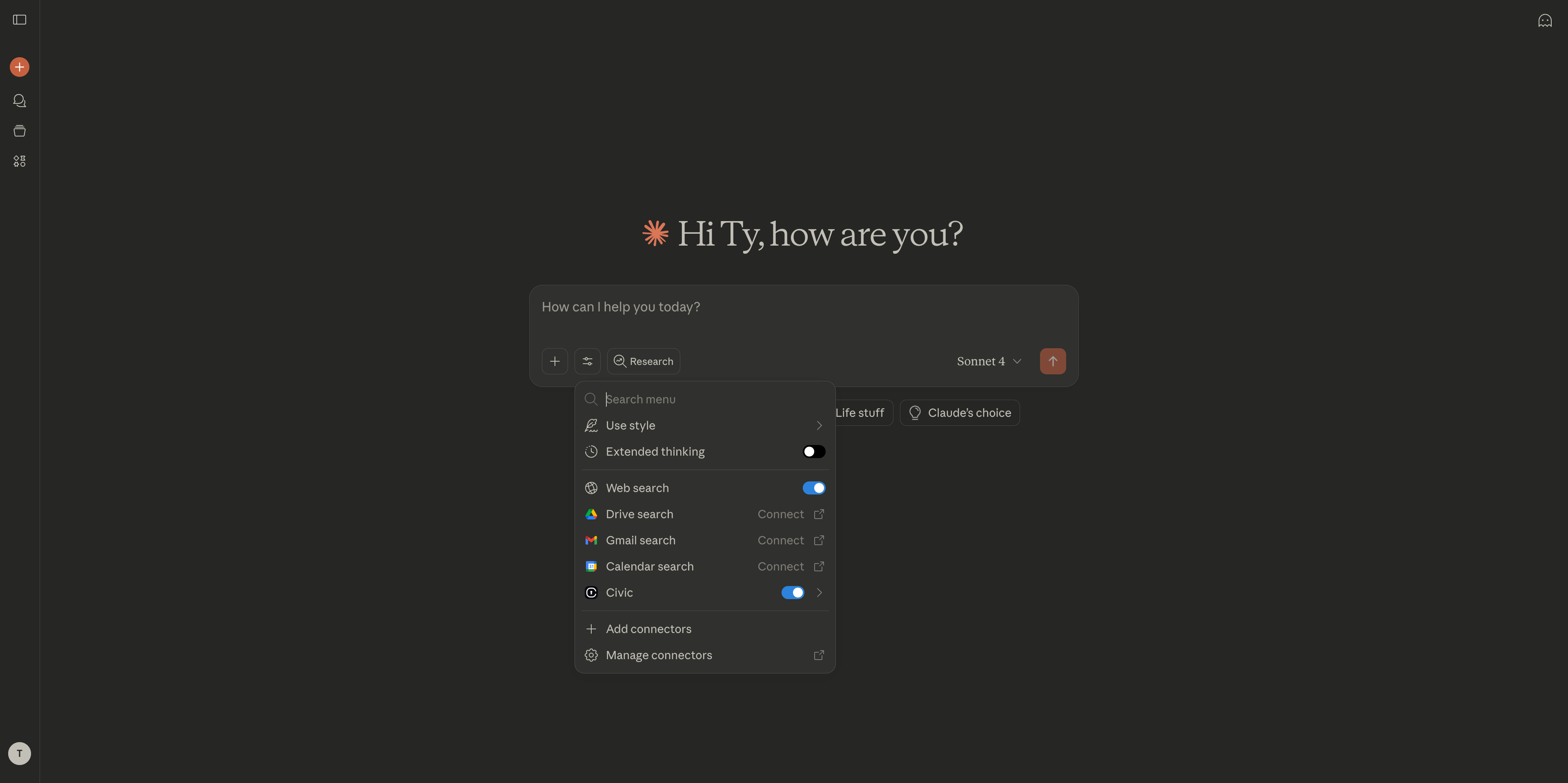 Claude.ai showing connected Civic connector