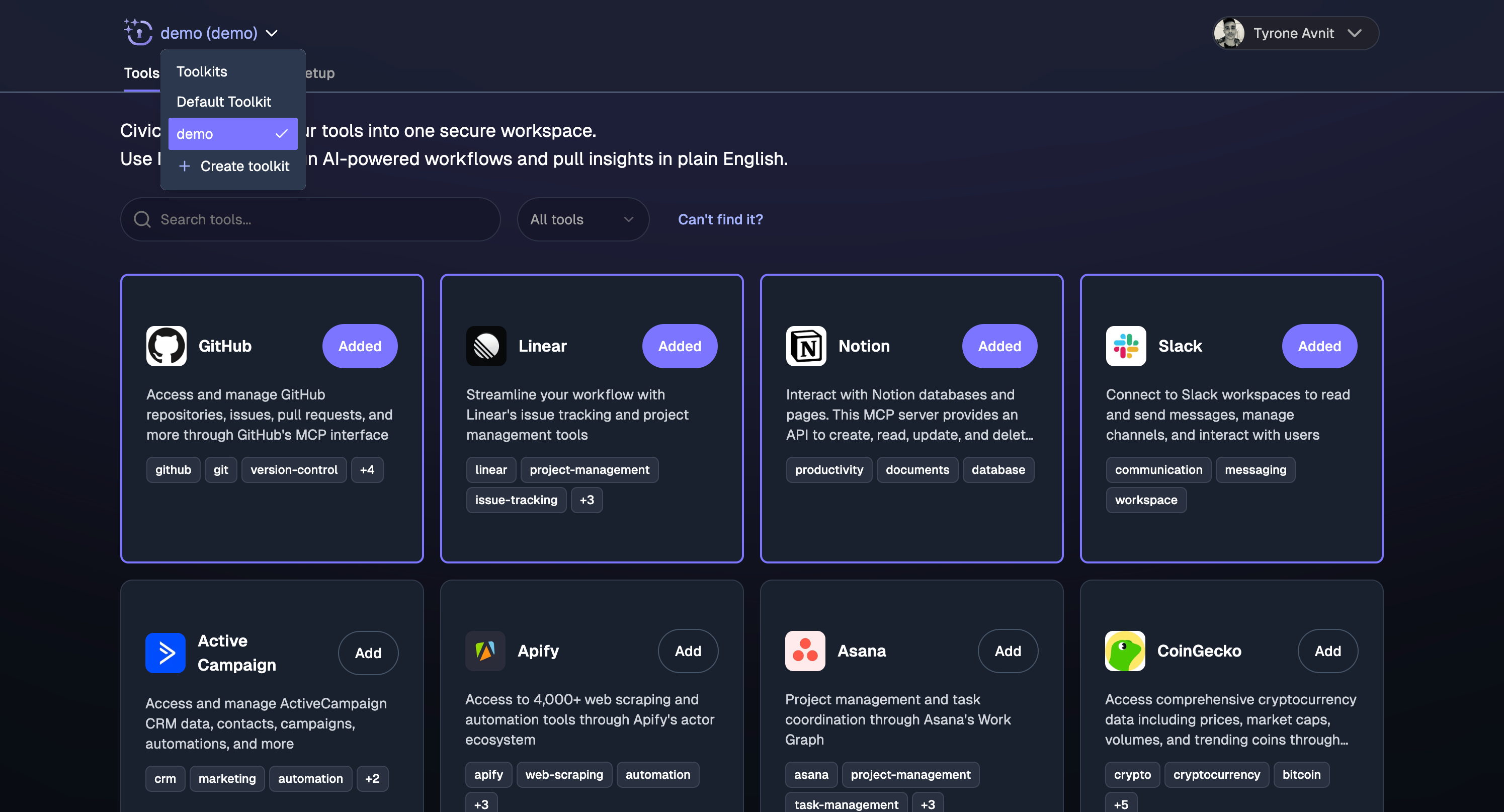Civic interface showing the Create toolkit button in the navigation