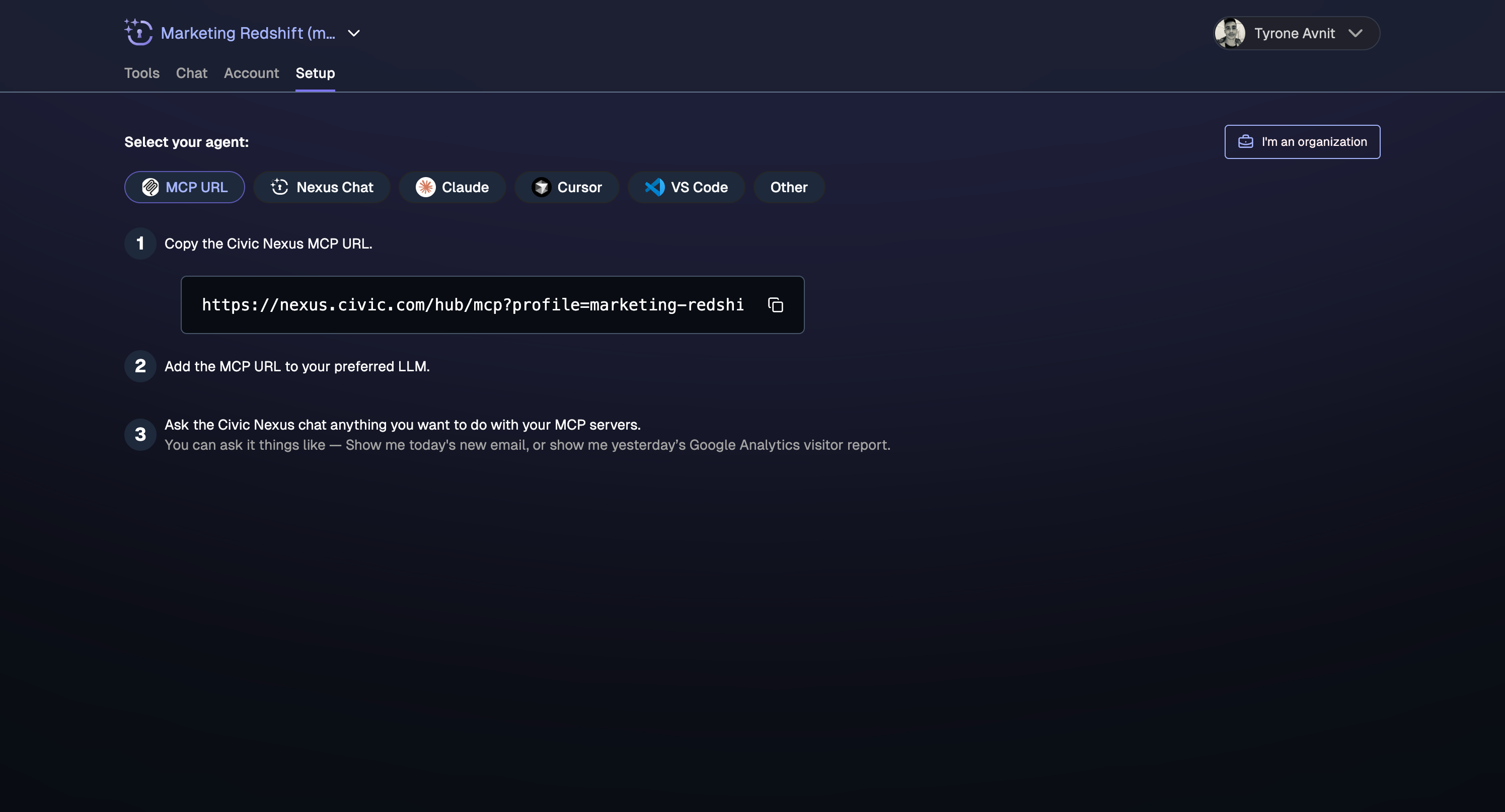 Toolkit setup page showing the unique MCP URL for the toolkit