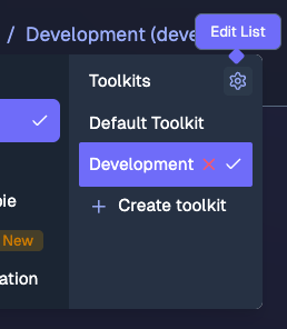 Nexus interface showing the Delete toolkit button in the navigation