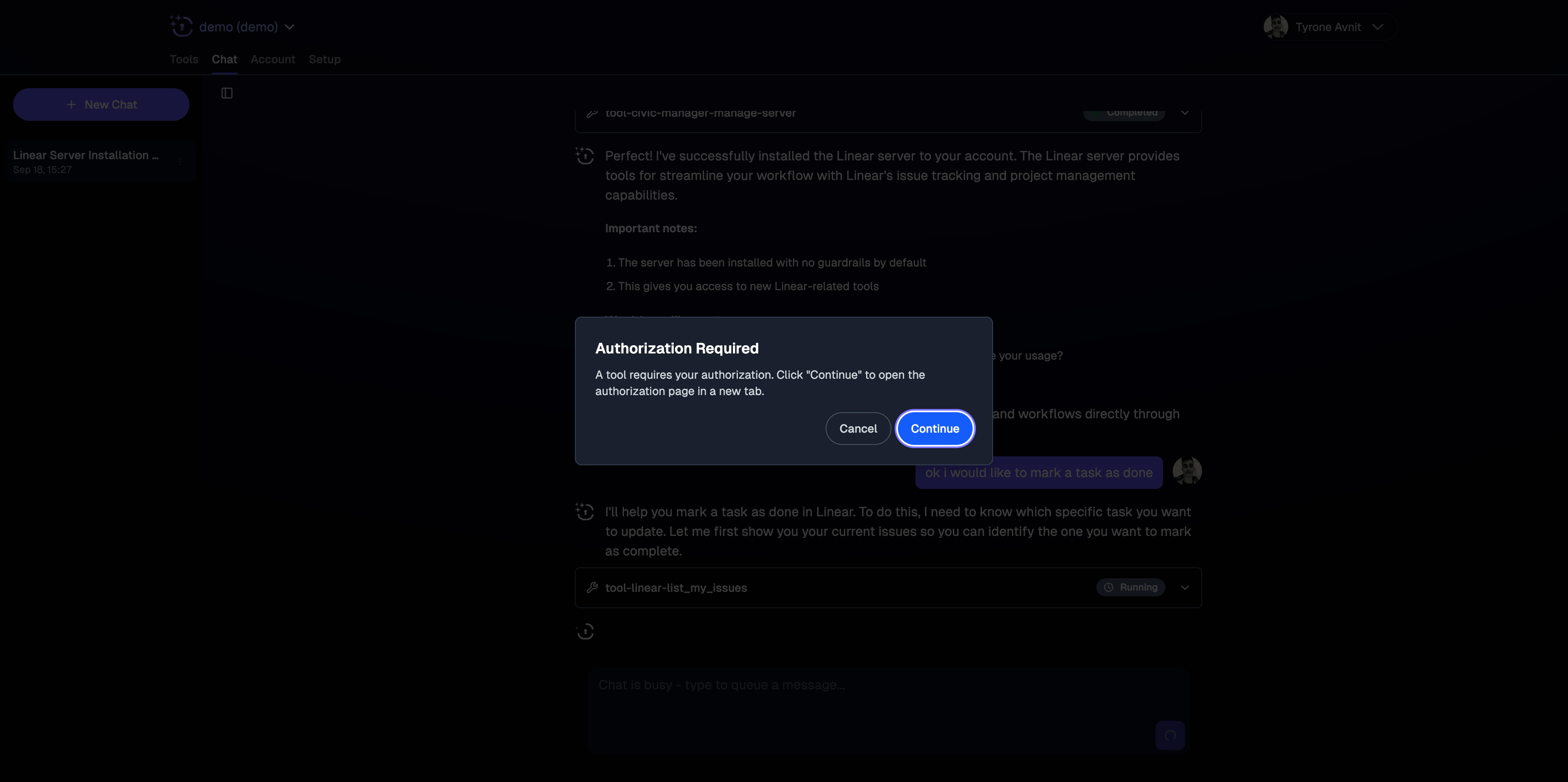 Authorization prompt in Civic Chat
